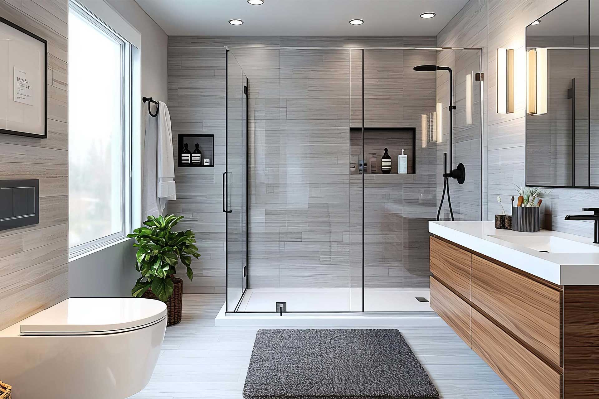 A modern bathroom featuring a sleek glass shower door and elegant Crown Finish details.