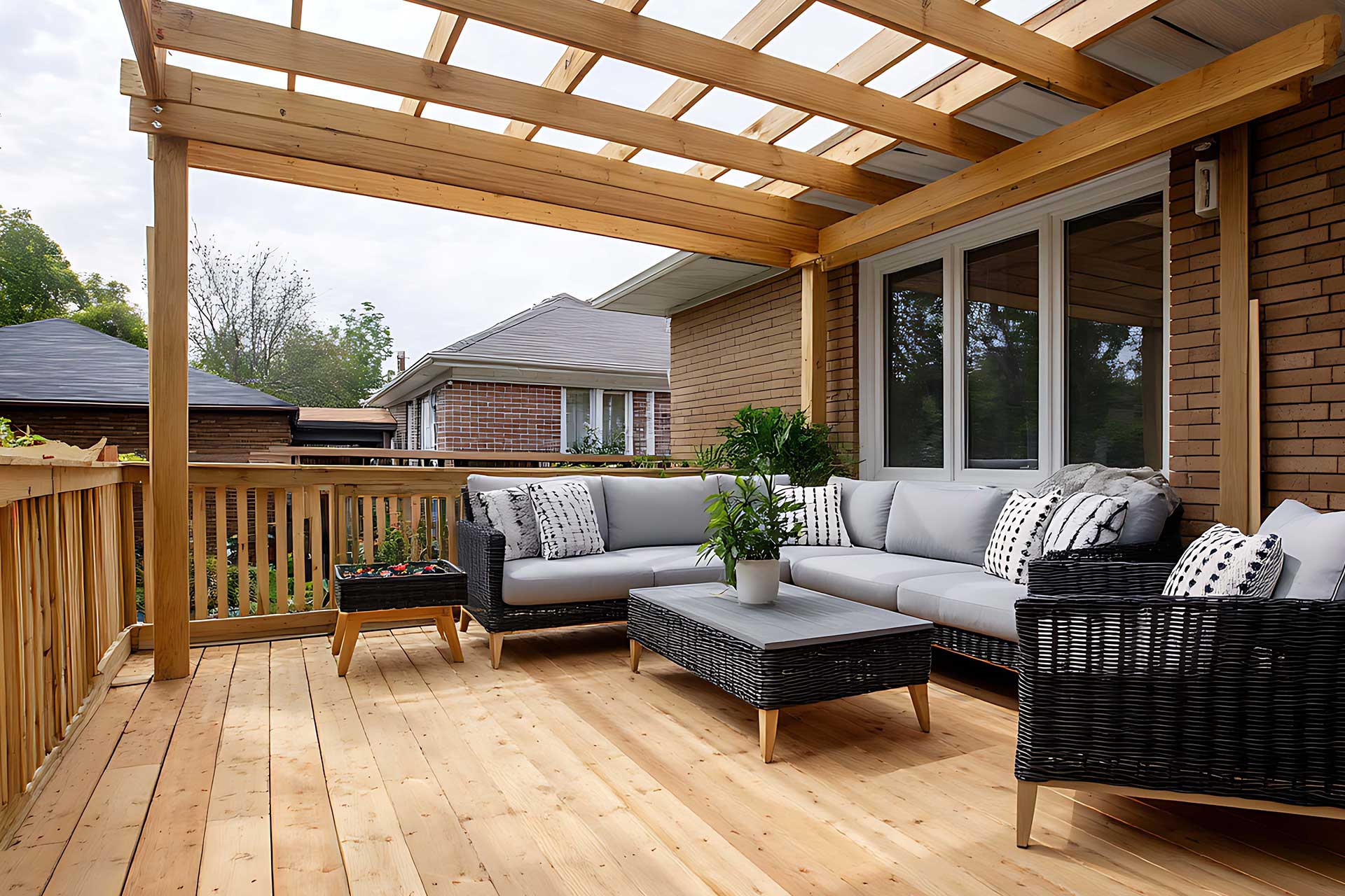 A wooden deck featuring wicker furniture and a pergola roof, showcasing a stylish outdoor seating area by Crown Finish.