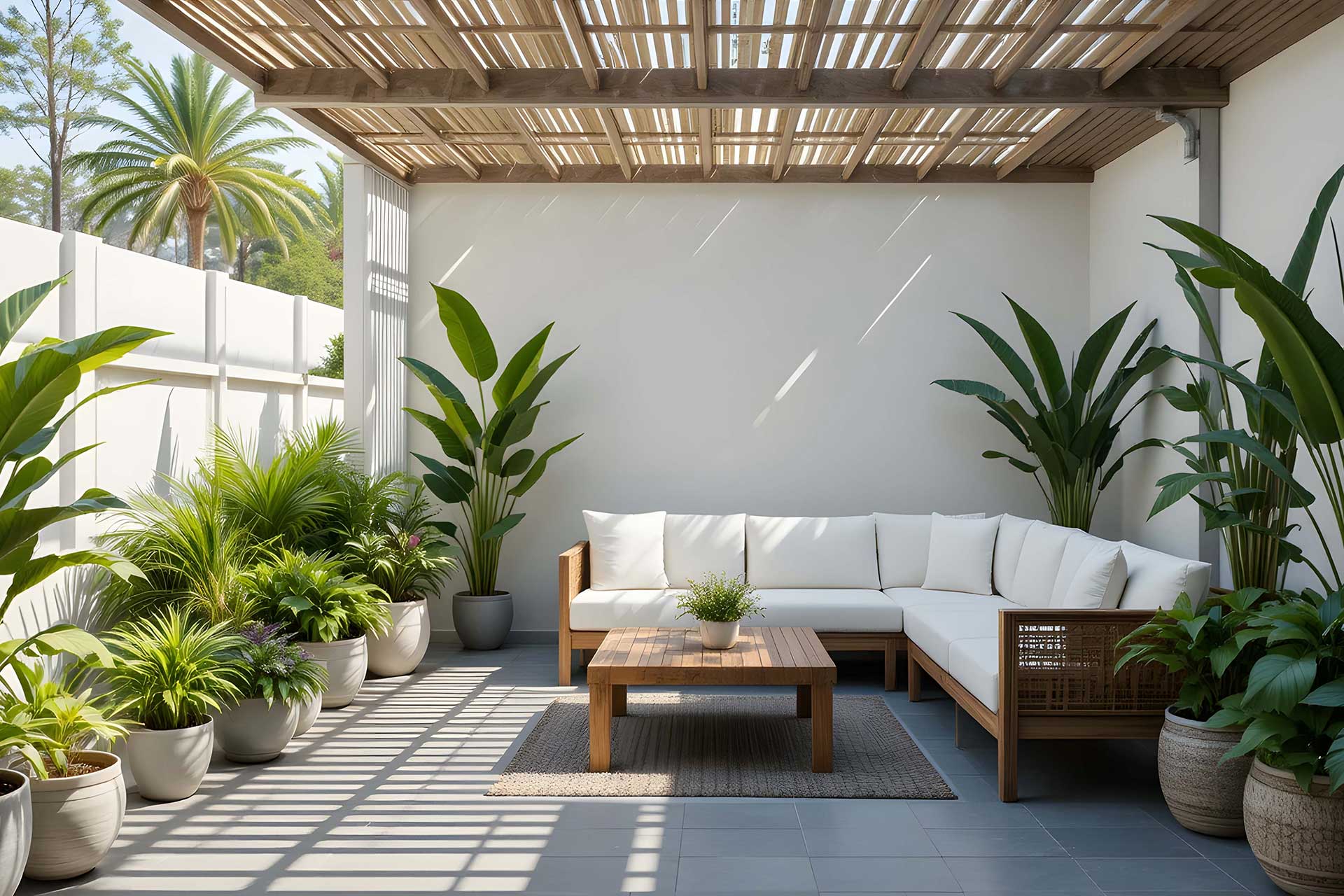 A patio featuring white furniture and lush plants, designed with a Crown Finish for an elegant outdoor setting.