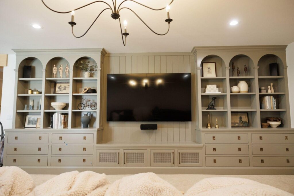 Spacious entertainment center with integrated shelves for organizing media and personal items